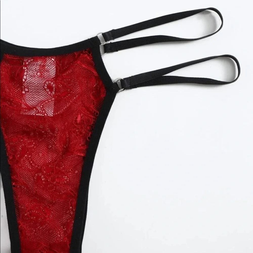 Red & Black Mesh Sheer Bra & Thong Lingerie Set - Picture 4 of 5